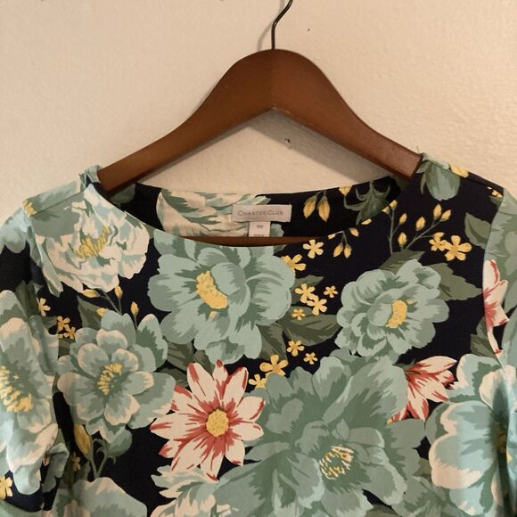 CHARTER CLUB black muilticolor floral round neck short flared sleeves top PM - Picture 2 of 7